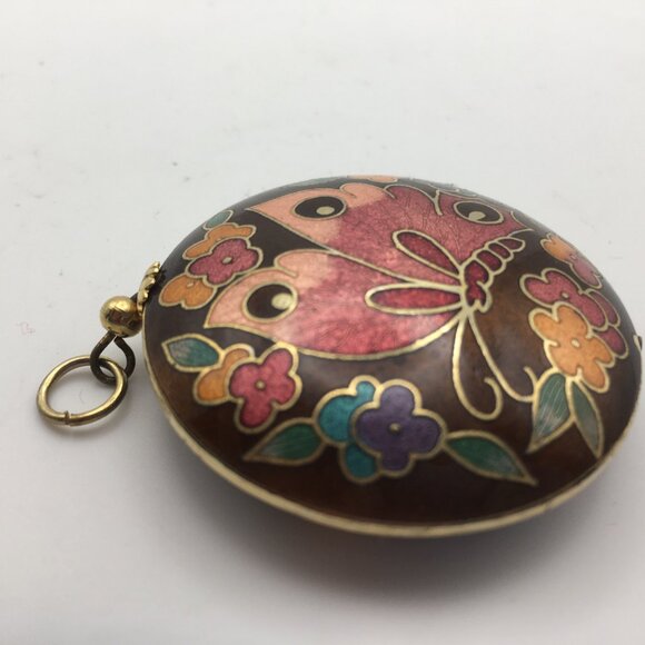 Cloisonne Butterfly Pendant Necklace Black Pink Enamel Puff Double Sided Flowers - Picture 13 of 14